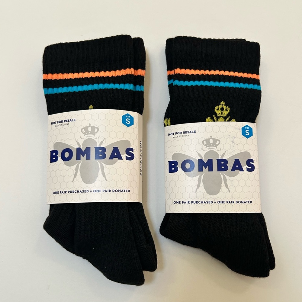 Bombas NWT 2 pair Small Black Calf Socks w/ Orange Yellow Turquoise Running